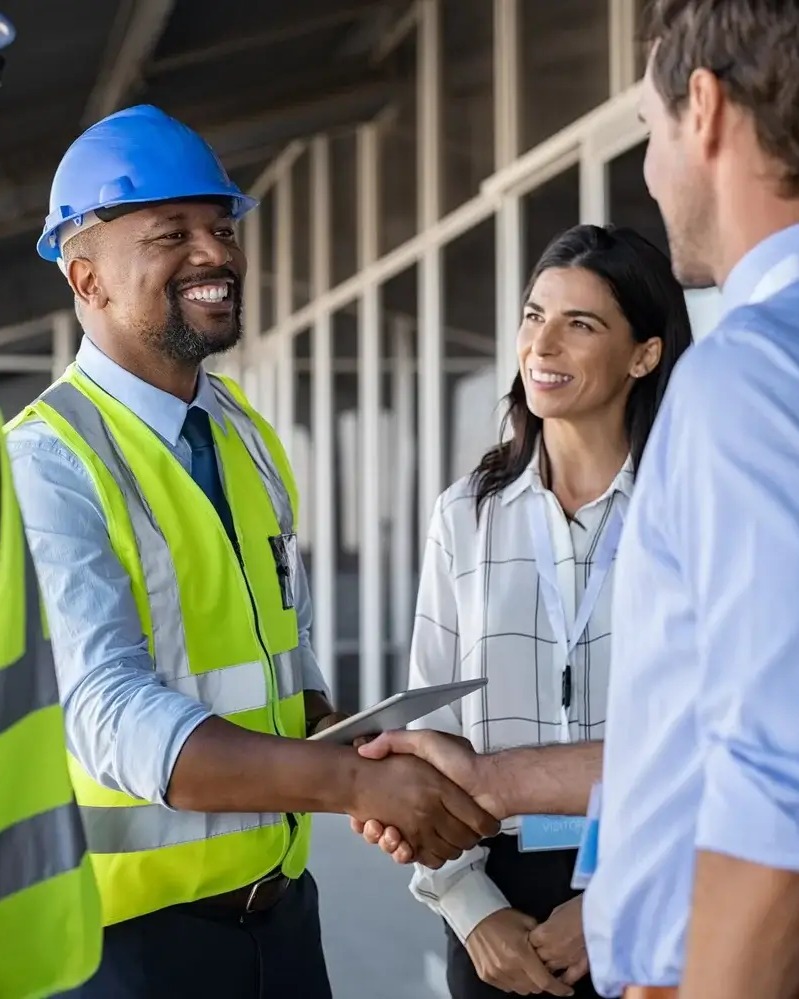 Contractor shaking hands with a satisfied client on a job site
